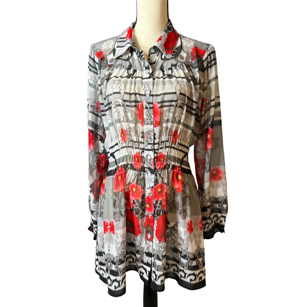V Cristina Tunic Blouse in Sheer Floral Print in Black Red Gray Size Large